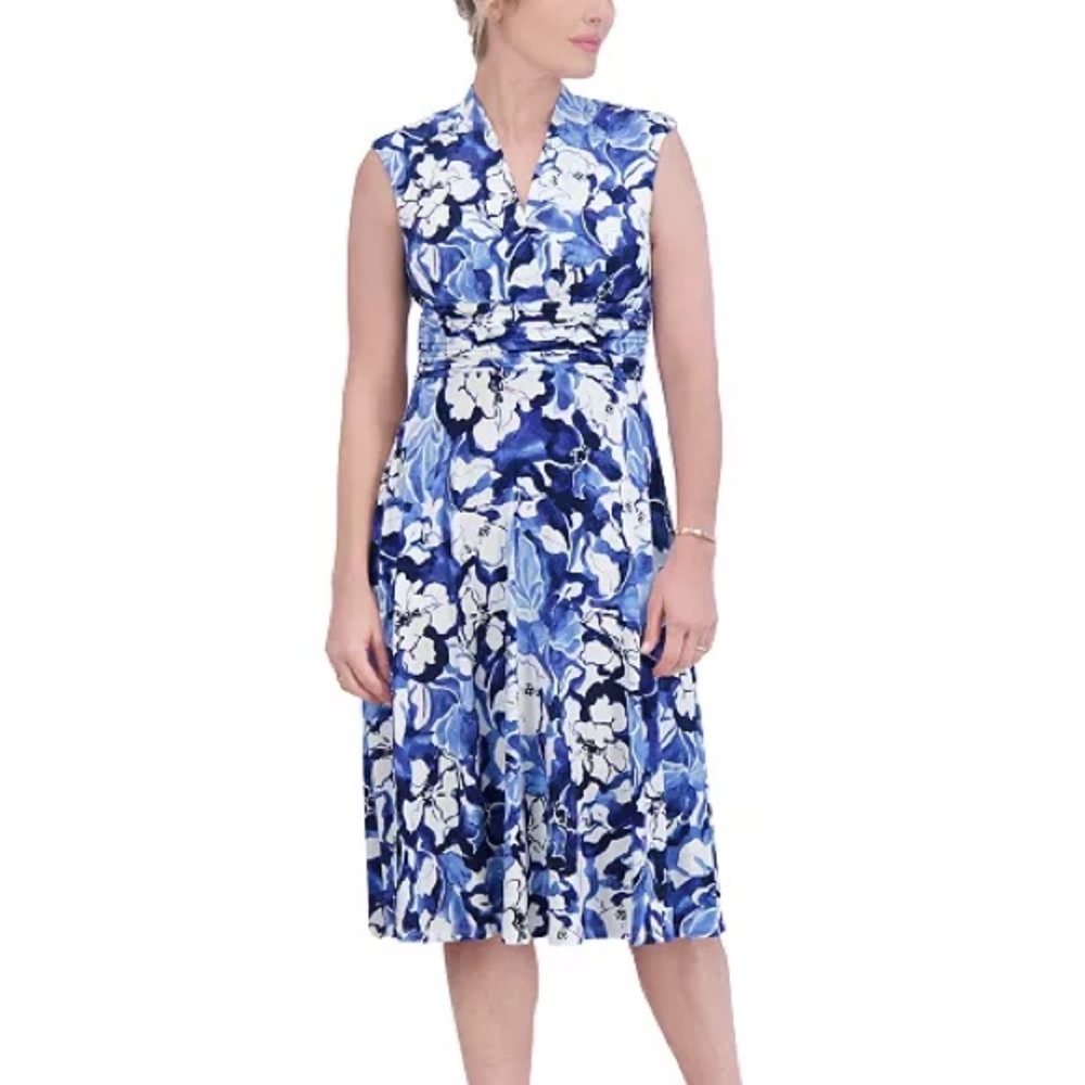 NWT Jessica Howard Blue and White Floral Jersey Dress Size 20W